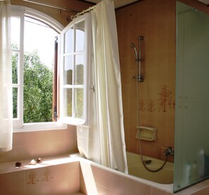 Combined shower/tub, hair dryer, towels, soap