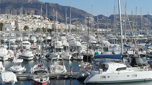A marina with numerous boats docked, a mountainous backdrop, and a town in the distance. - Apartment 'Luz de Altea' with Sea View, Pool, Wi-Fi, Balcony & Terrace (Altea)
