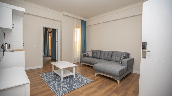 A modern living room with a grey sofa, a white coffee table, and a patterned rug.