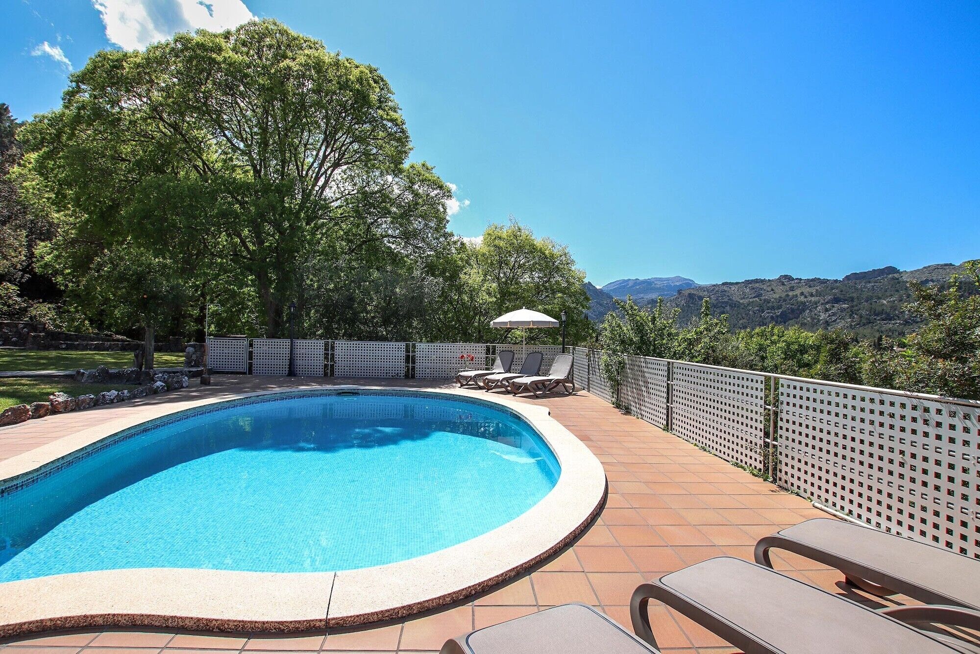 A swimming pool with a curved edge, surrounded by a wooden deck and a white fence.
