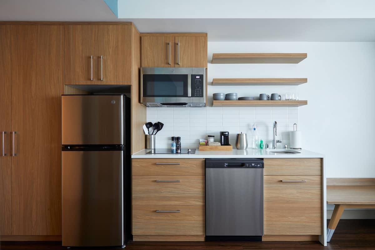 fridge, microwave, coffee/tea maker, toaster