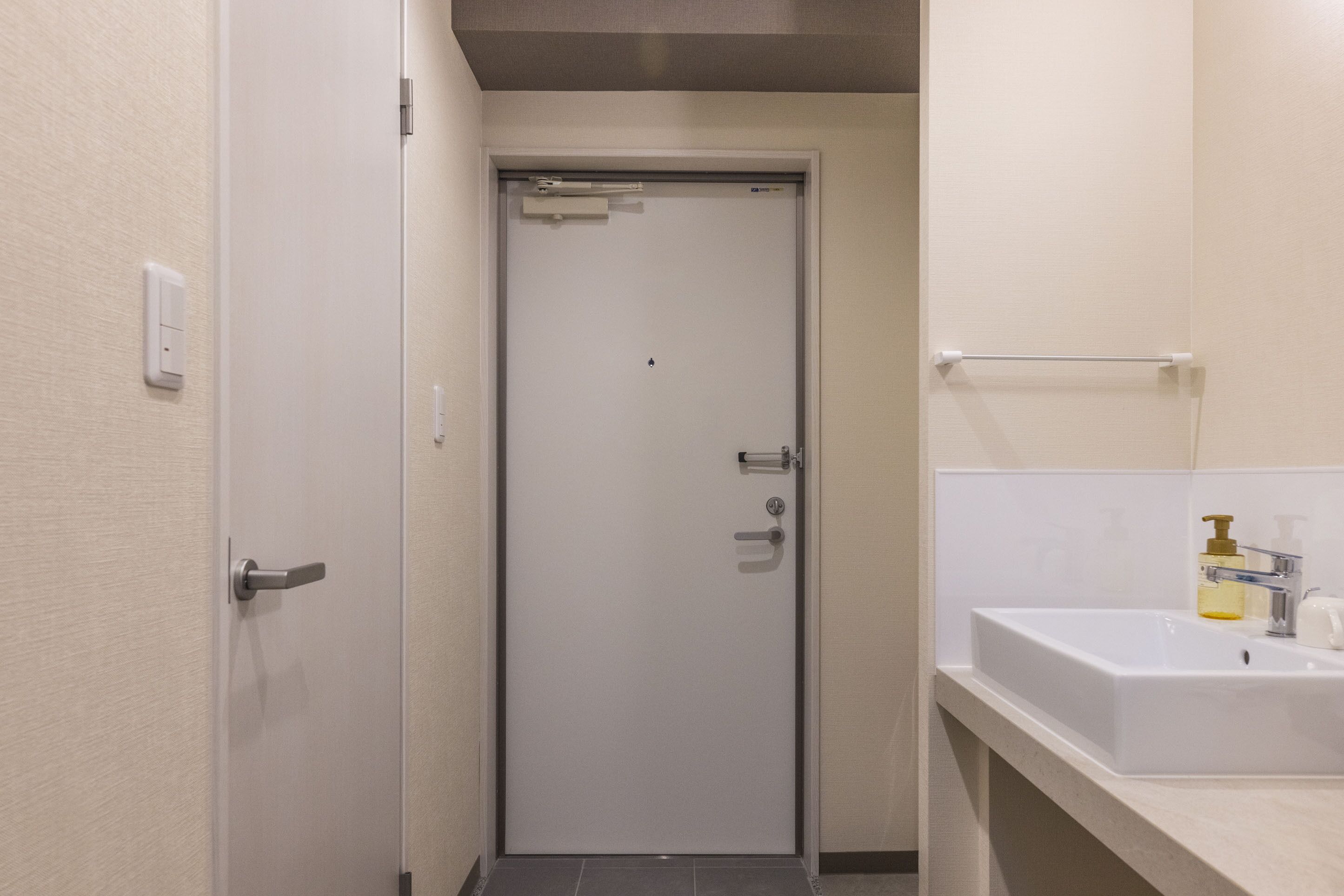 A narrow hallway with a white door, a white sink with a soap dispenser, and a towel rack.