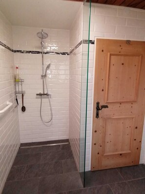 Douche, séchoir à cheveux, serviettes fournies, savon