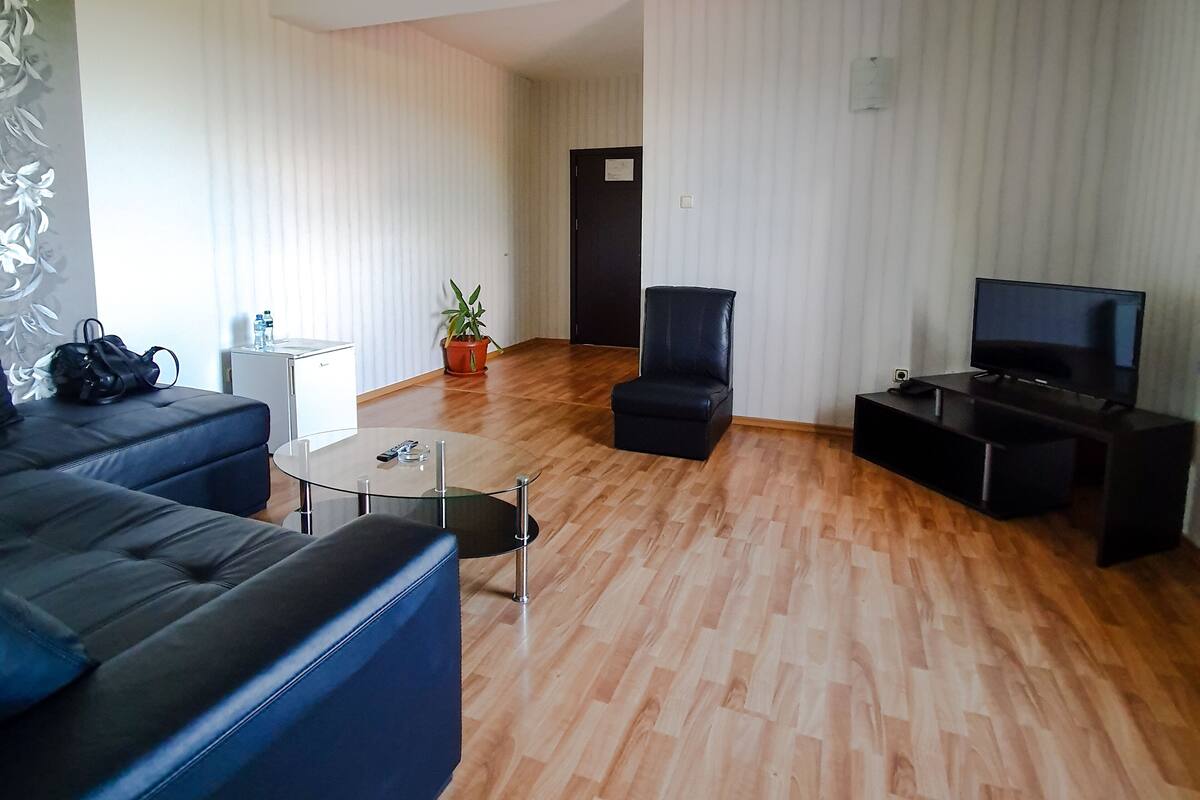 Een moderne woonkamer met een bank, een salontafel, een tv-meubel en een potplant.