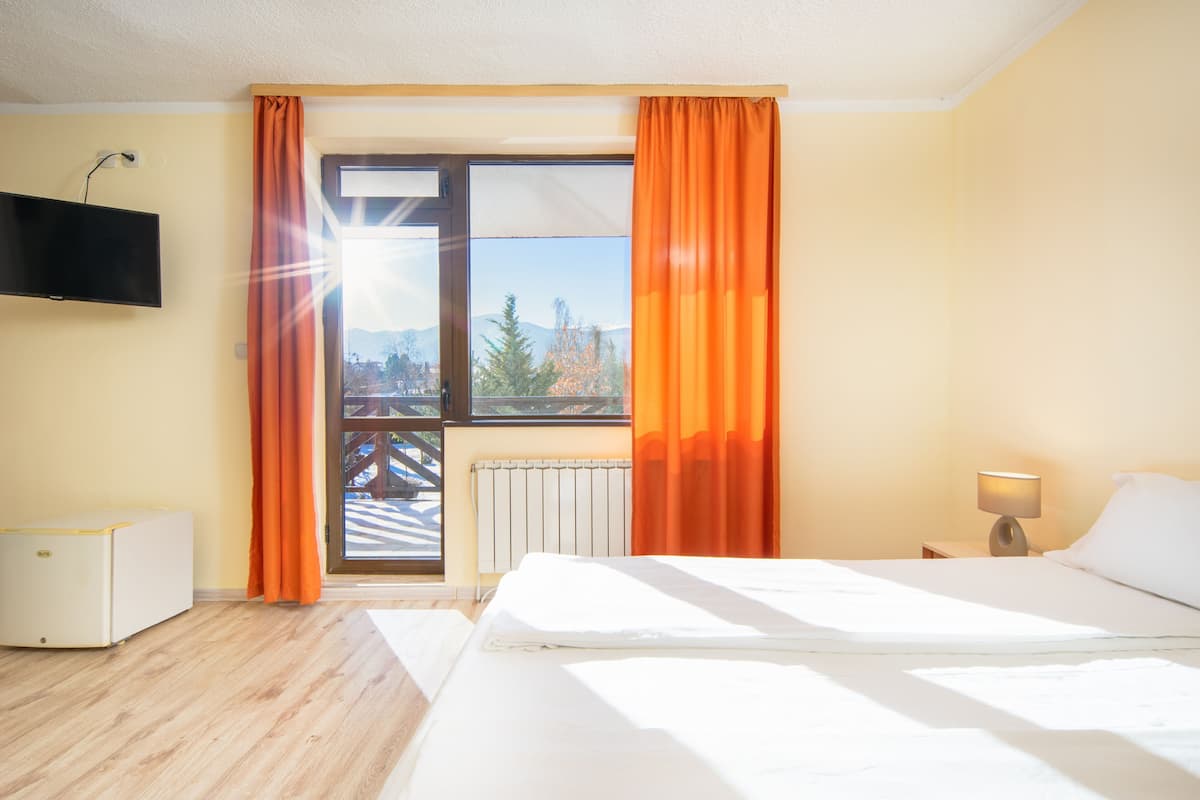 Een hotelkamer met een bed, een televisie, een radiator en een raam met gordijnen.