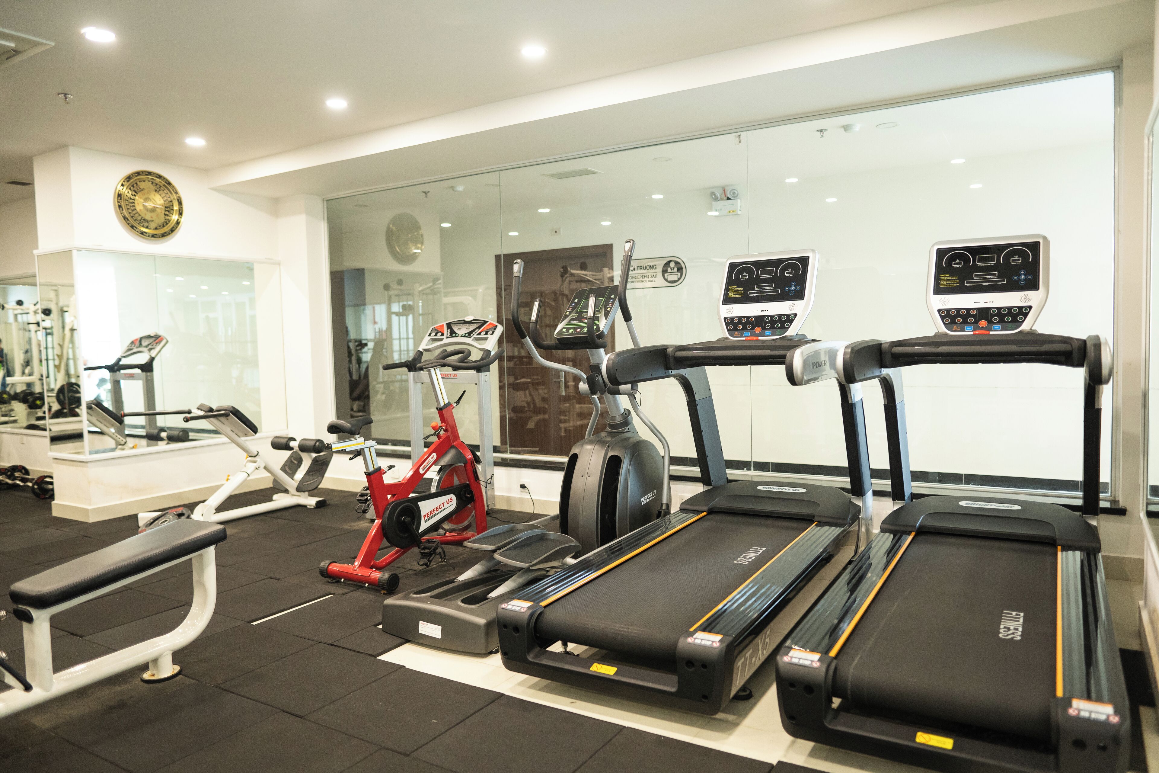 A gym with treadmills, elliptical machines, and weight benches.