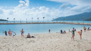Una playa con gente, agua azul cristalina y palmeras.