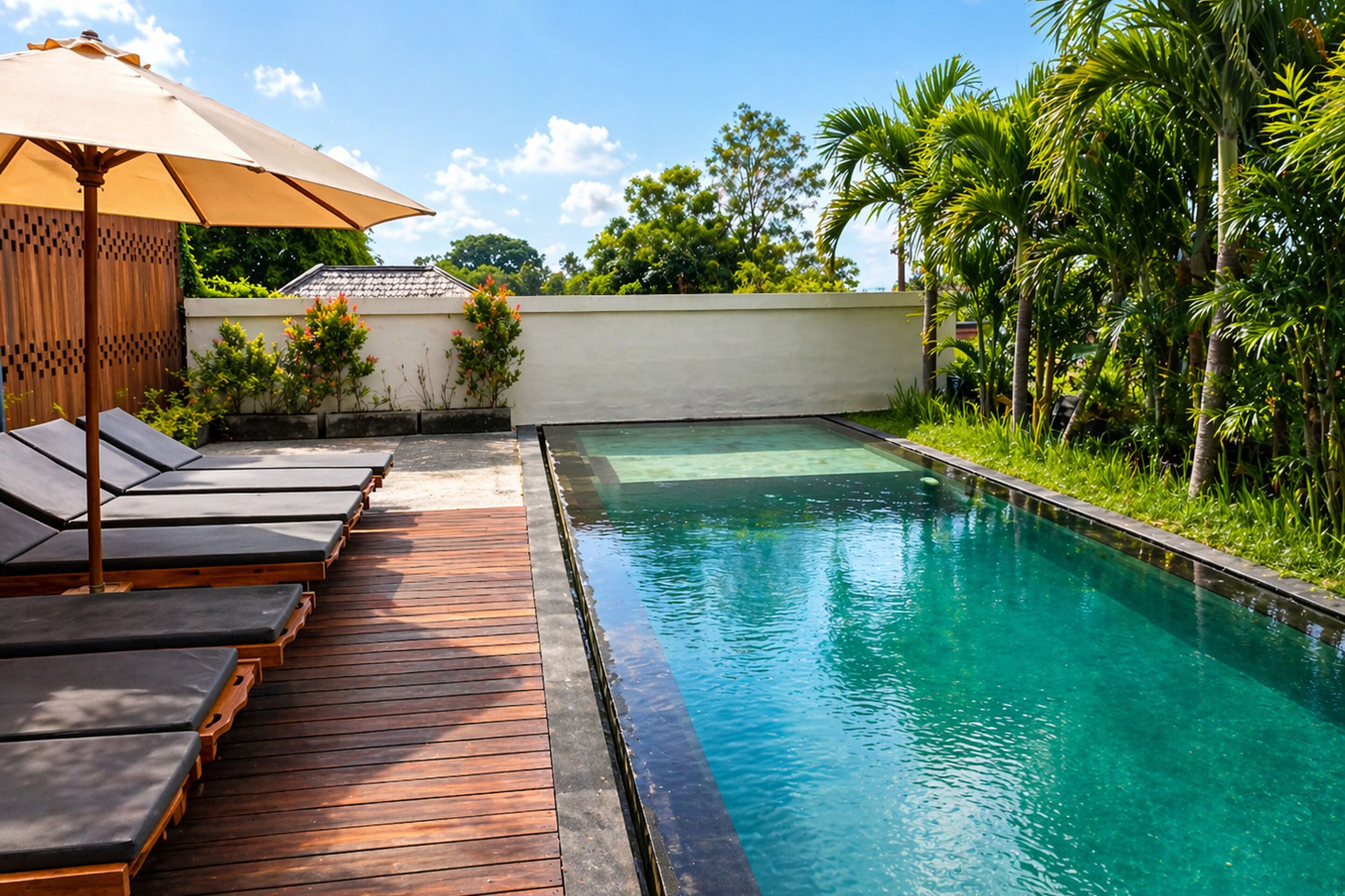 A swimming pool with wooden deck and lounge chairs, surrounded by greenery.