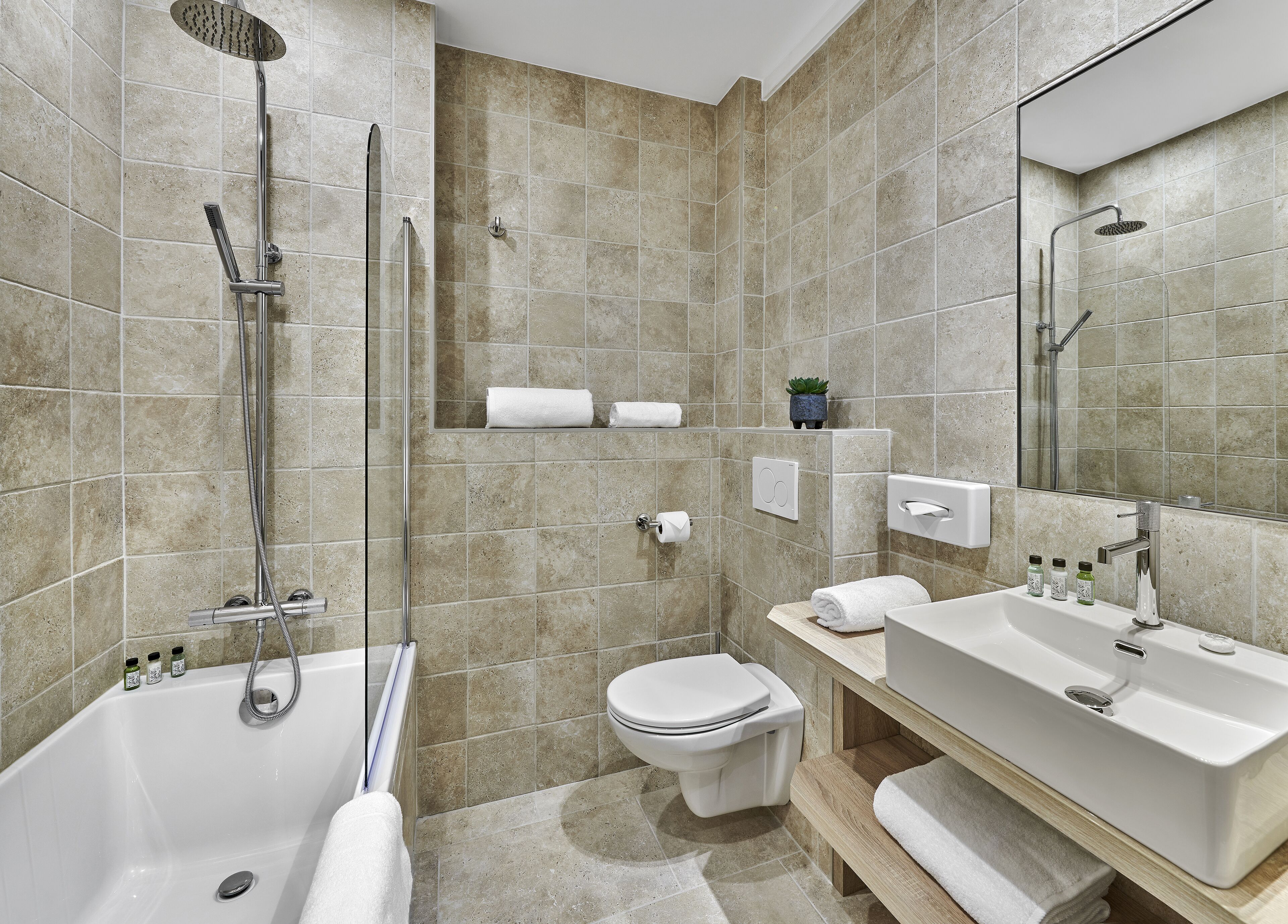 superior double room | bathroom | shower, free toiletries, hair dryer, towels