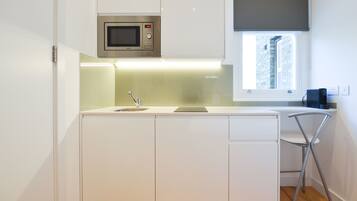 Mini-fridge, microwave, stovetop, espresso maker