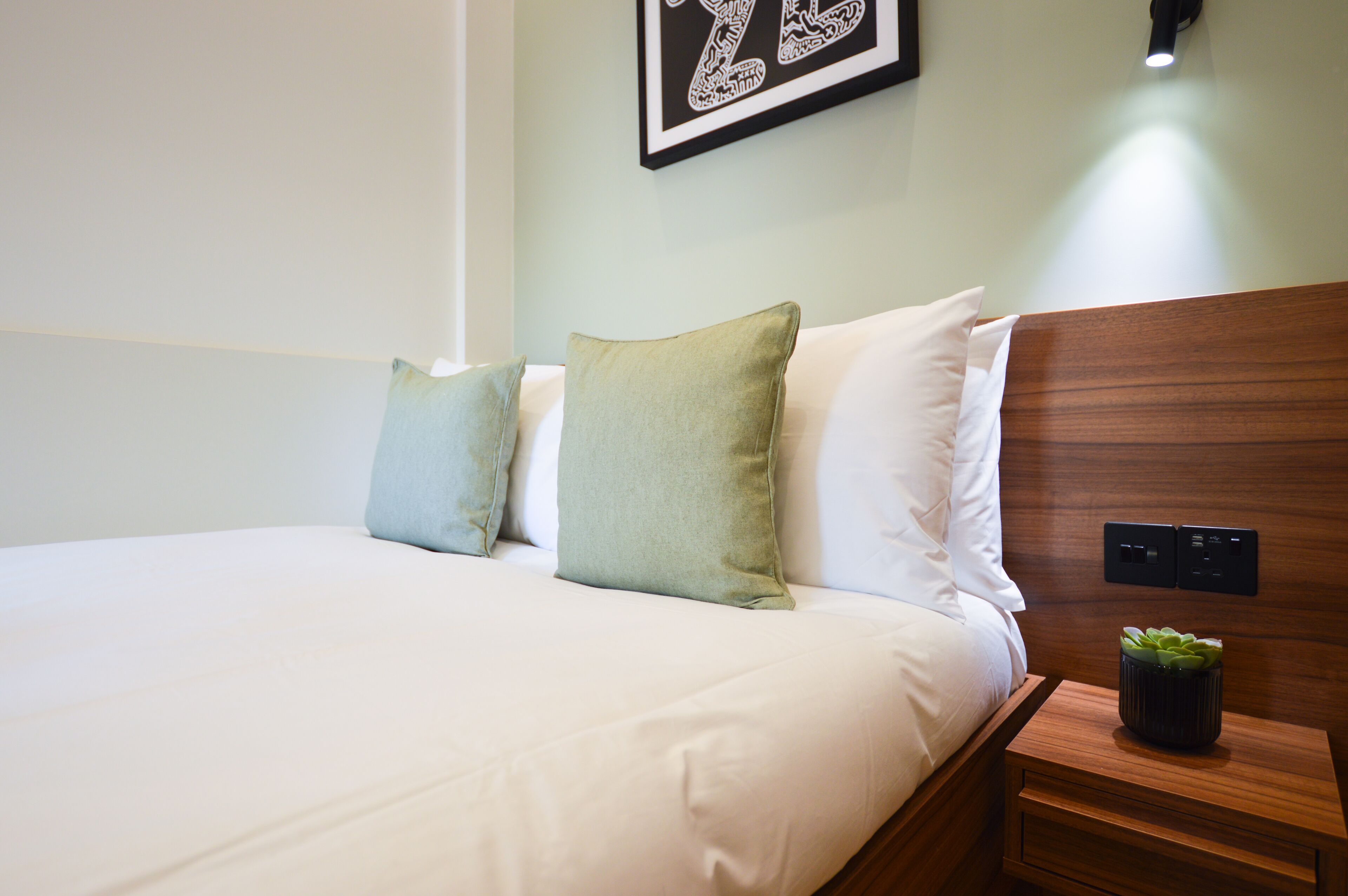 A neatly made bed with white and green pillows, a small bedside table with a plant, and a wall-mounted light fixture.