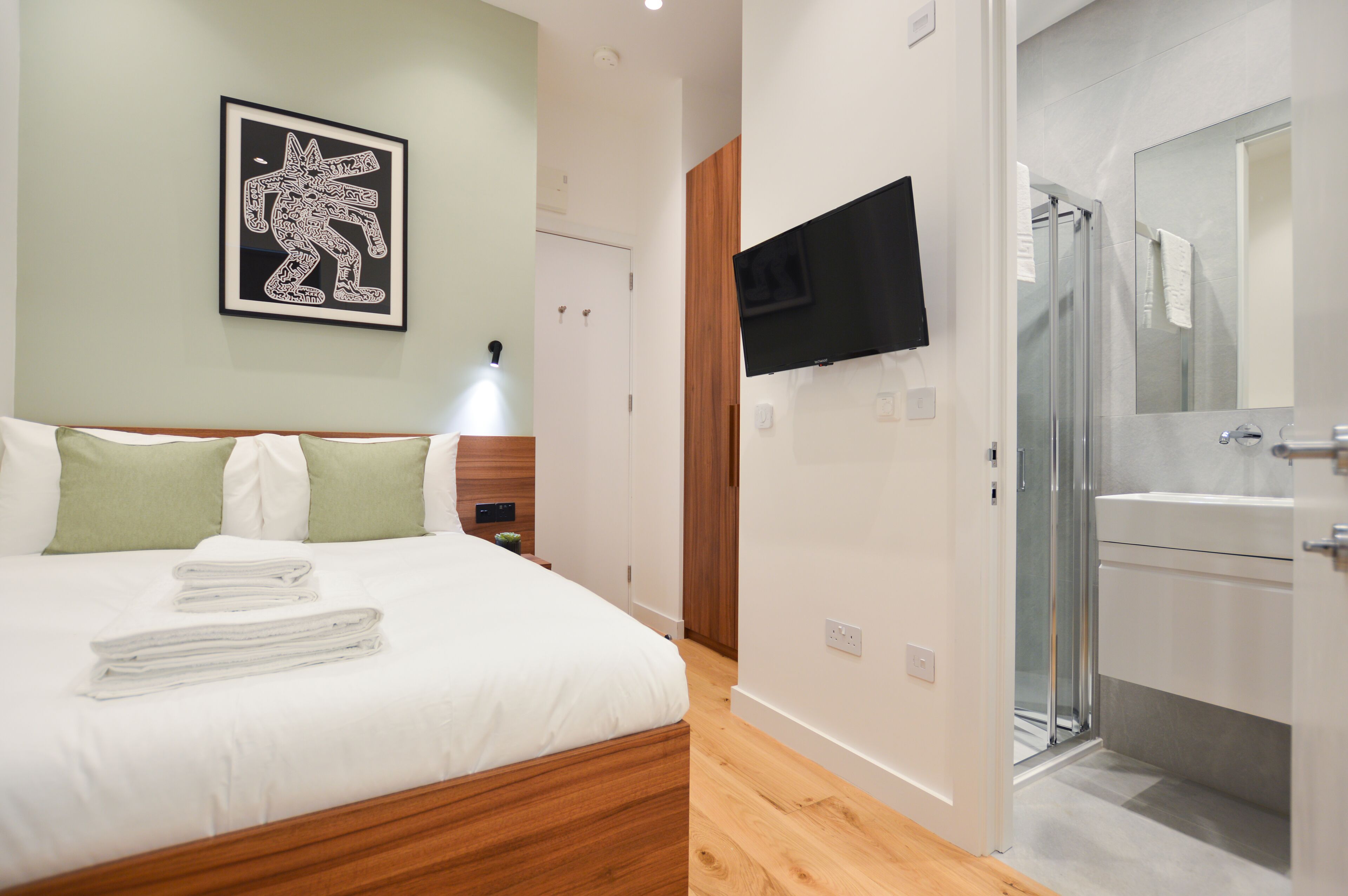 Habitación de hotel con cama, televisión, ducha y un cuadro en la pared.