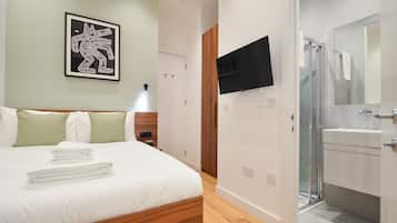 Habitación de hotel con cama, televisión, ducha y un cuadro en la pared.