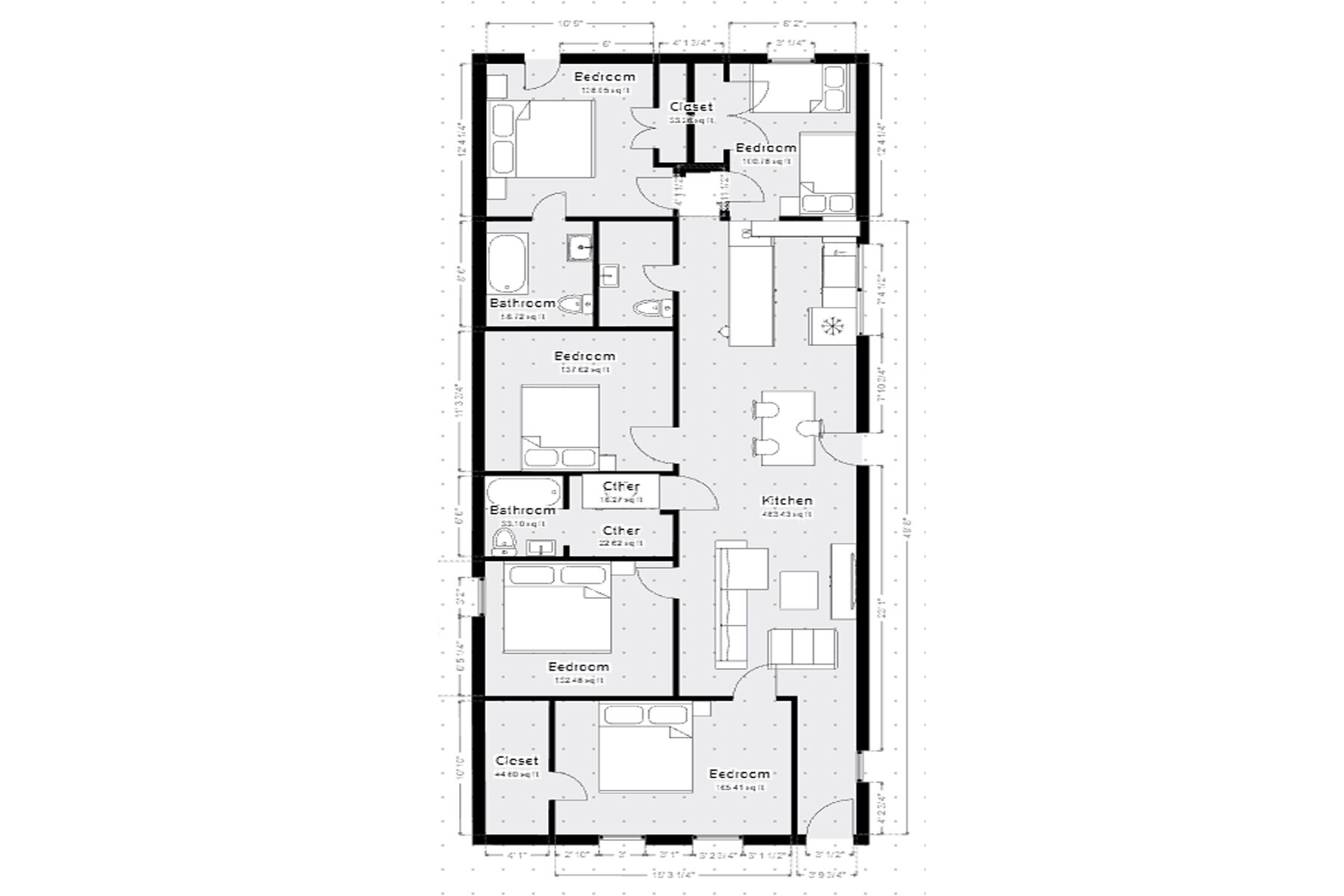 Ein Grundriss mit mehreren Schlafzimmern, Bädern, einer Küche und einem Wohnbereich.