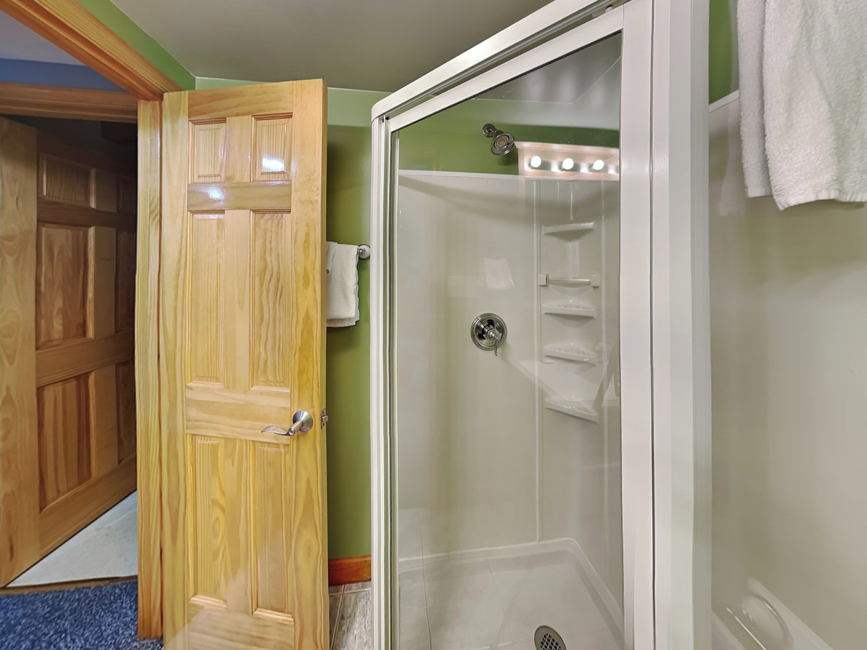 A wooden door leading to a shower area with a glass enclosure, a towel rack, and a visible showerhead.
