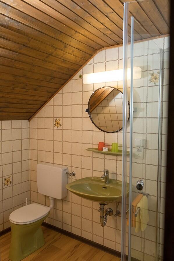 Un baño con techo de madera, inodoro, lavamanos y ducha.