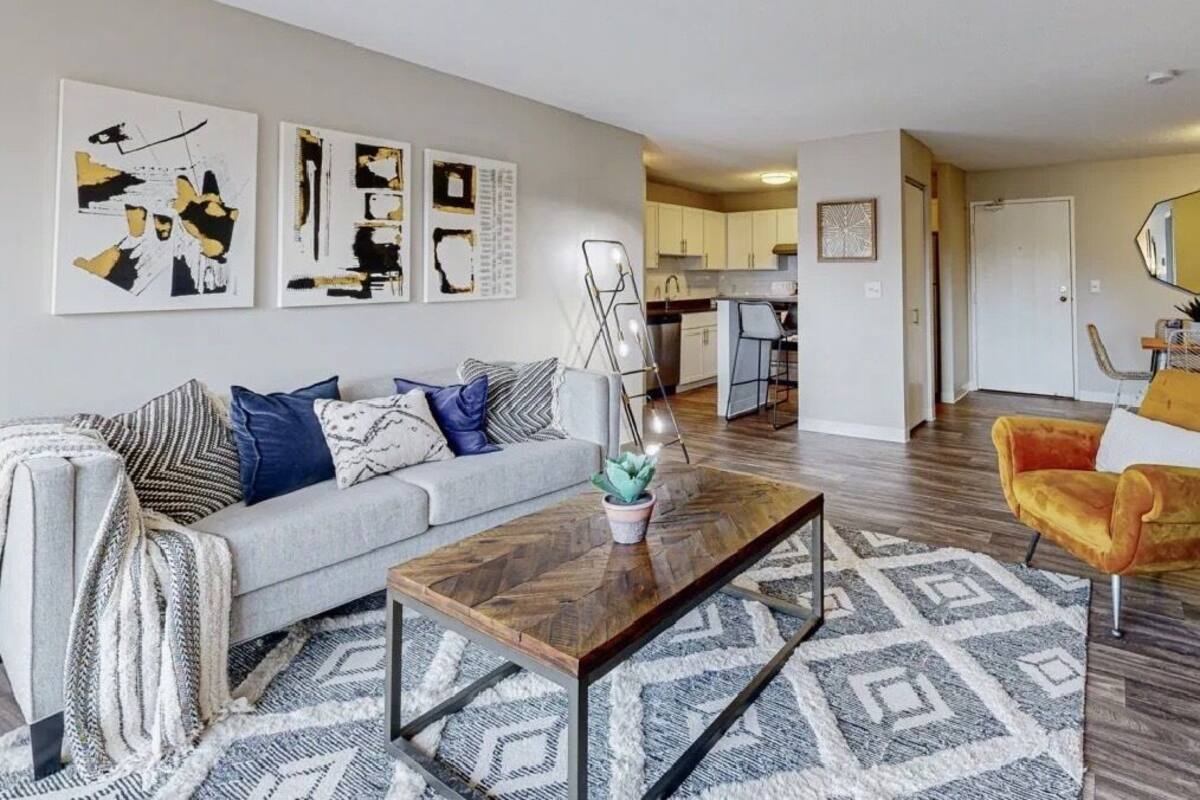A modern living room with a grey sofa, a wooden coffee table, and a patterned rug.