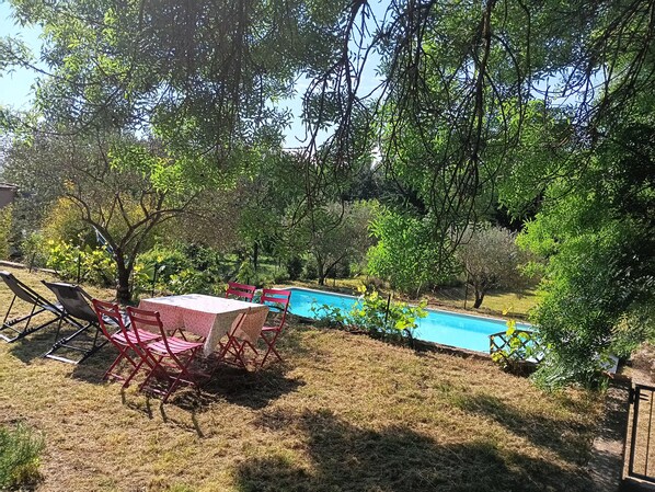 A backyard with a swimming pool, a table with chairs, and surrounding greenery.