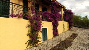 A yellow building with a stone-paved entrance, green shutters, and purple flowering vines. - Casa do Castelao (Loulé)