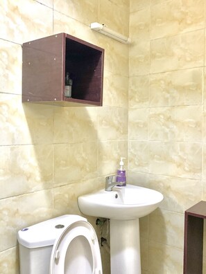 Shower, towels, soap, toilet paper