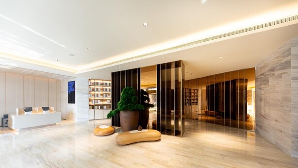 A modern lobby with a reception desk, a large potted plant, and a seating area with a view of the interior.