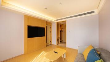 A modern living room with a flat-screen TV, a wooden table, a sofa with colorful cushions, and a walk-in closet.