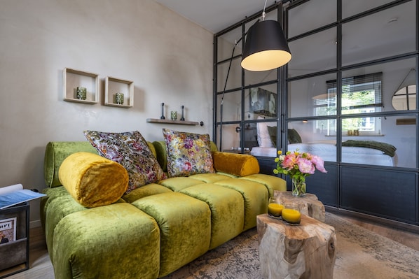 Turm Haus Apartment 1 | Living area | 43-inch LED TV with satellite channels, TV
