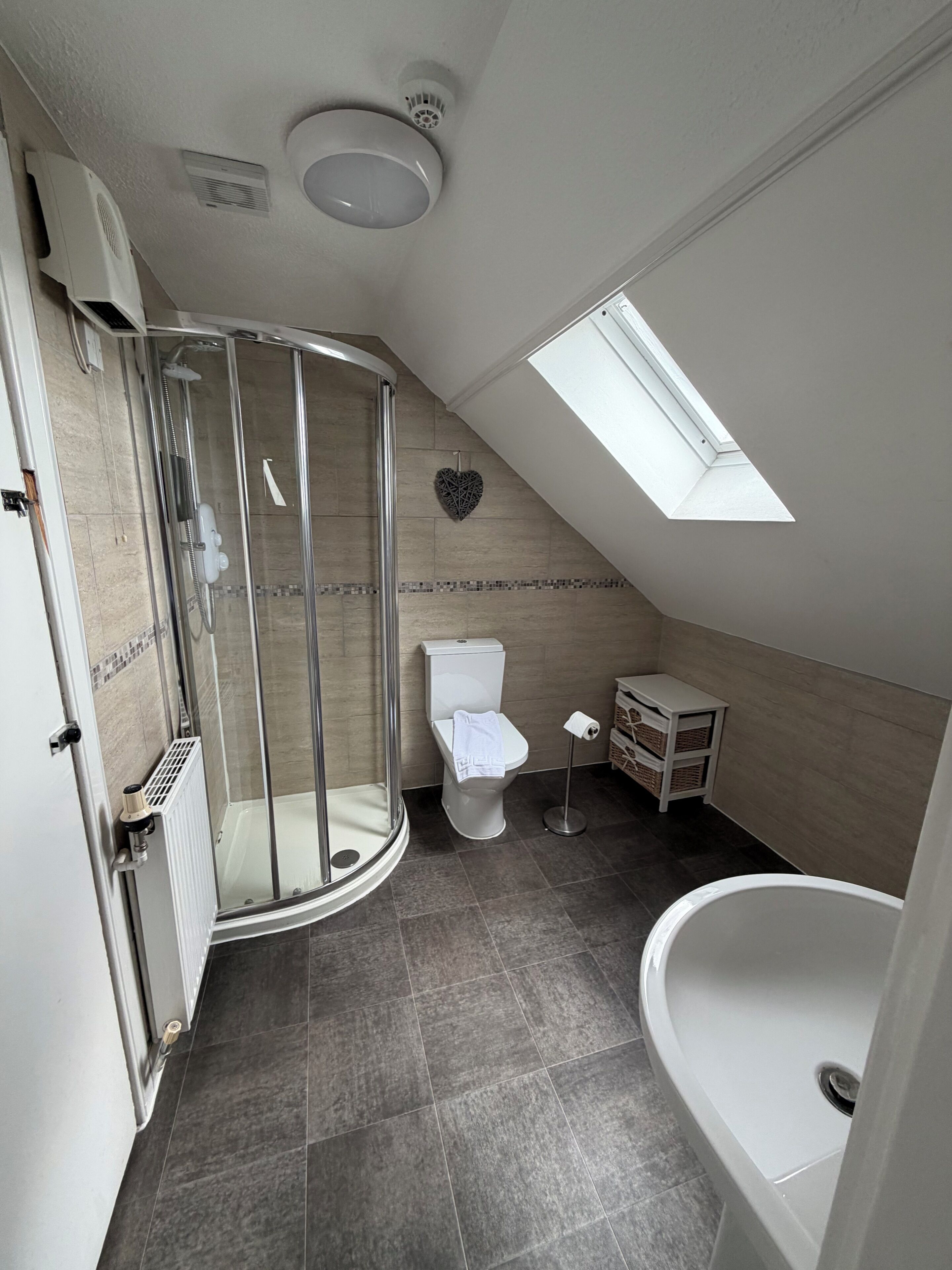 A modern bathroom with a shower enclosure, a toilet, a sink, and a skylight.