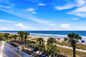 A beach resort with a view of the ocean, palm trees, and beach chairs.