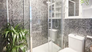 Shower, hair dryer, towels, shampoo
