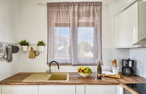 Enjoy a homey atmosphere in this kitchen with a central sink, potted plants, and a bowl of fresh fruit.