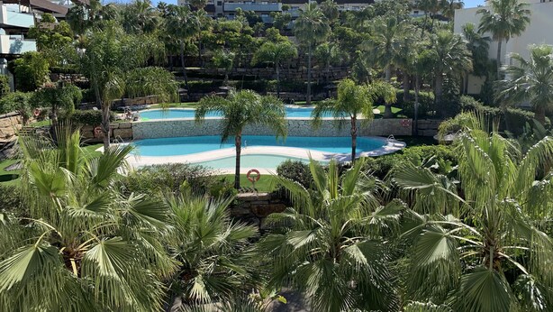 Un complexe hôtelier doté d’une piscine entourée de palmiers et d’un mur en pierre.
