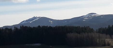 Un paysage montagneux avec une zone boisée au premier plan et un ciel dégagé au-dessus.