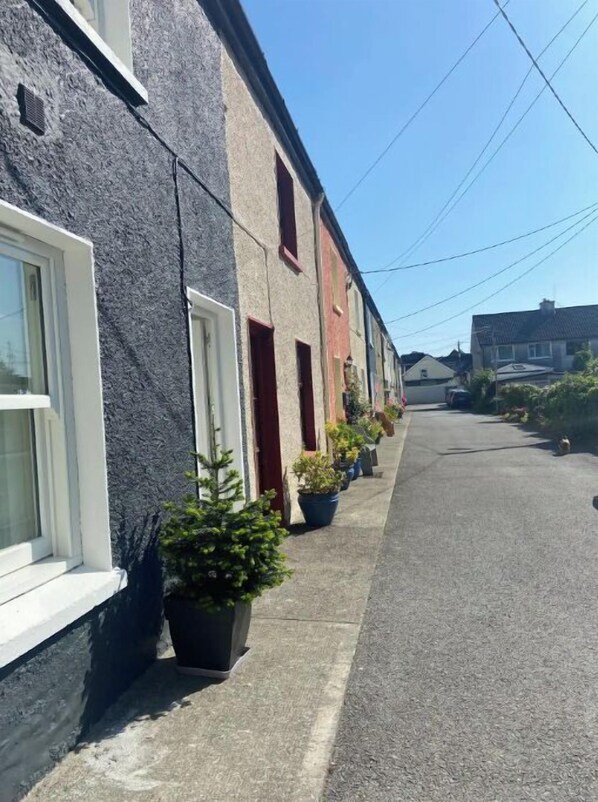 A row of terraced houses with potted plants on the sidewalk. - Chic hideaway in the centre of Kenmare (Kenmare)