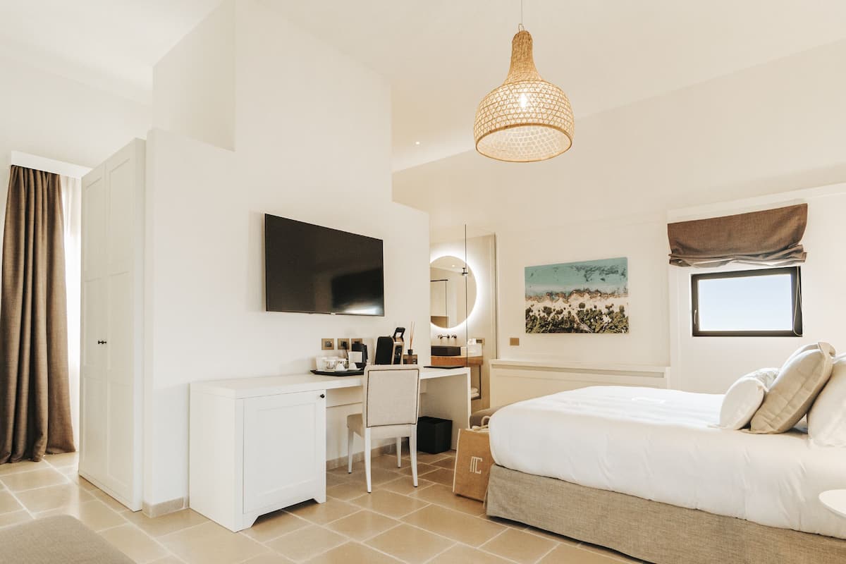 Une chambre d’hôtel avec un lit, un bureau, une télévision, un miroir et une fenêtre.