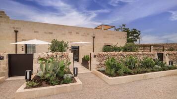 A courtyard with a stone wall, cactus plants, and two umbrellas.