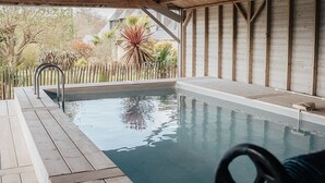 Une piscine intérieure dotée d’une terrasse en bois, d’une rampe métallique et offrant une vue sur un jardin où poussent différentes espèces de plantes.