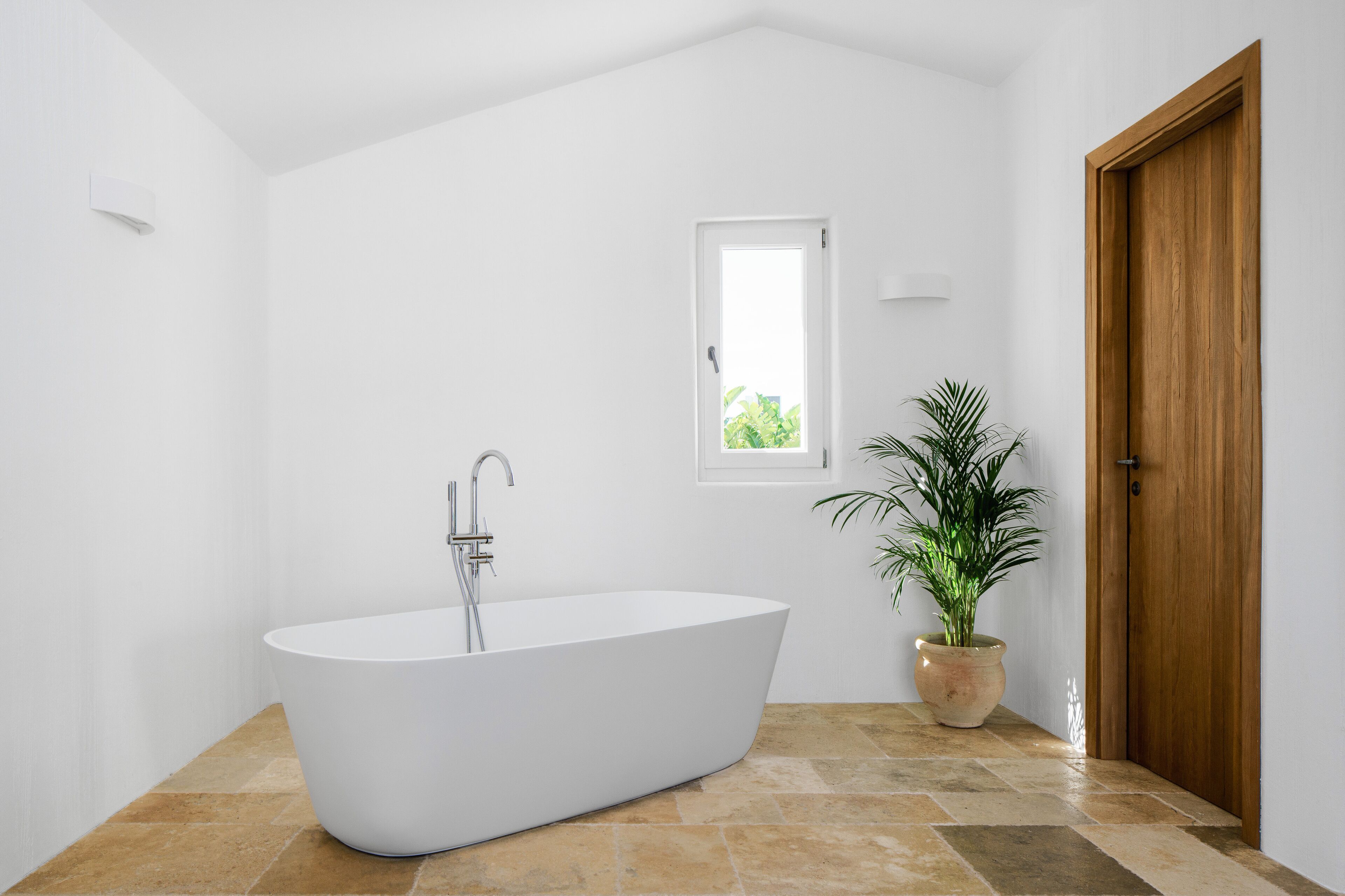 Une salle de bain moderne avec une baignoire sur pieds, une plante en pot et une porte en bois.