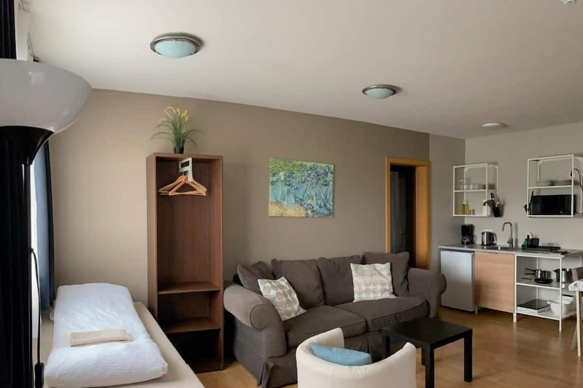 A compact living space with a sofa, a small armchair, a bedside table, a kitchenette, and a wooden wardrobe.