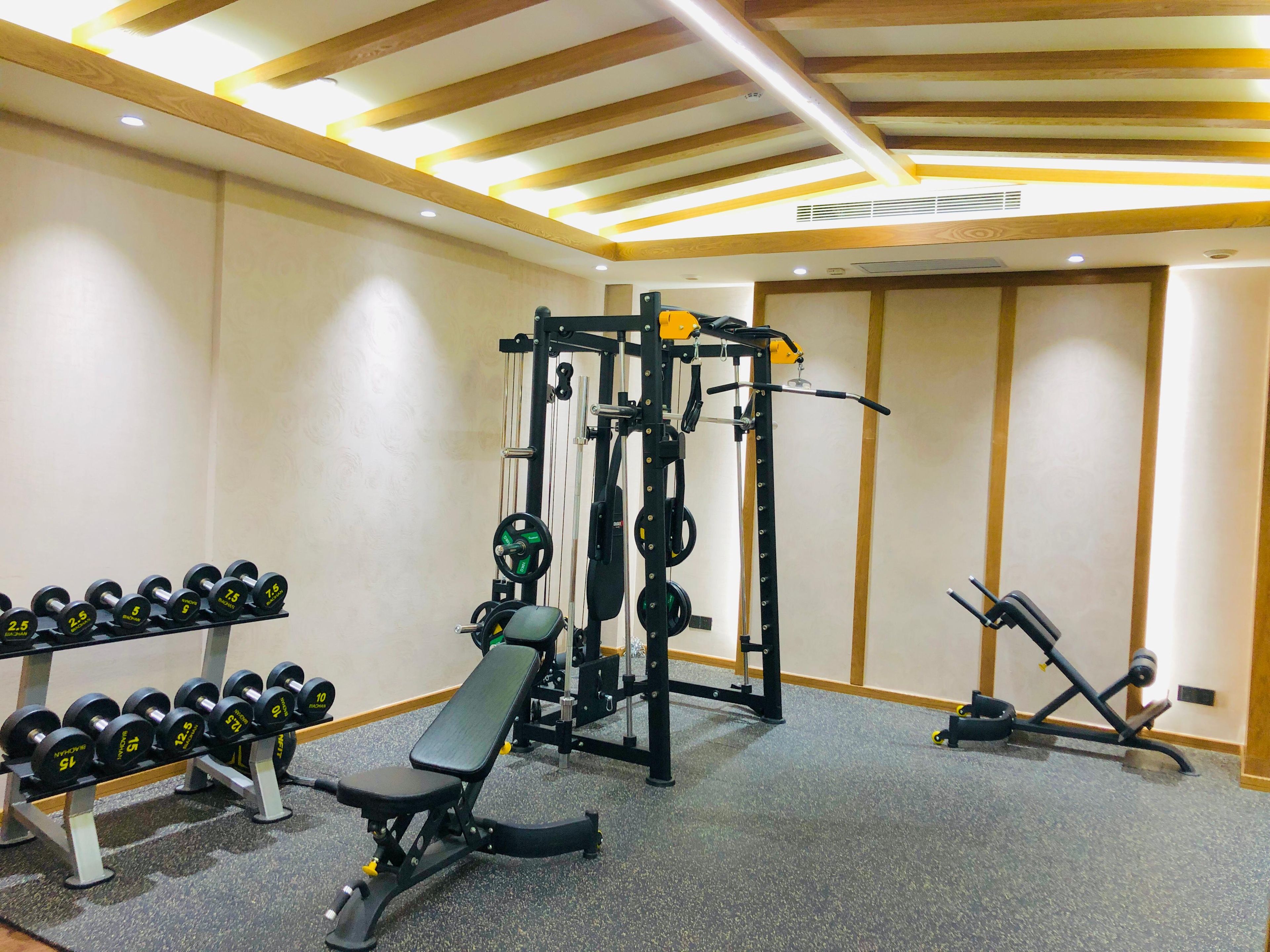 A gym with a bench press, dumbbells, a squat rack, and a bench press machine.