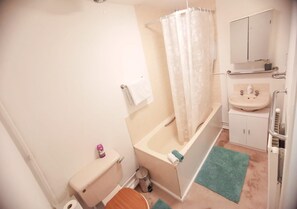 Apartment | Bathroom | Combined shower/tub, deep soaking tub, hair dryer, towels
