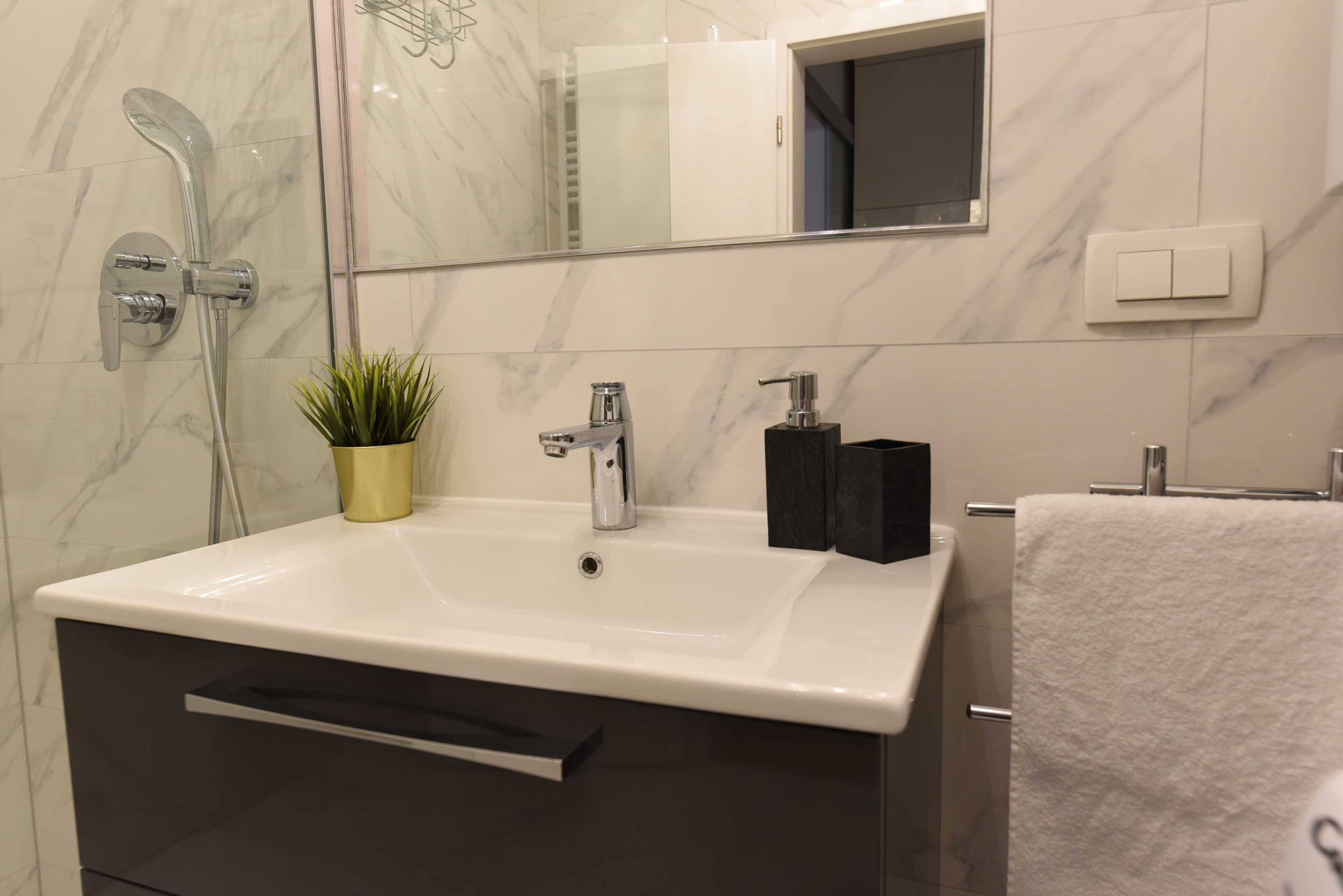 Een moderne badkamer met een witte wastafel, een handdouche, een kleine plant in een pot, een zwarte zeepdispenser en een witte handdoek aan een metalen handdoekrek.