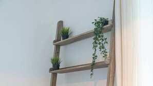 A wooden TV stand with shelves, a flat-screen TV, and a small plant. - Amazing studio located in Ghent (Gent)