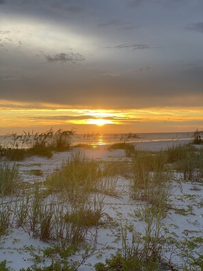 On the beach, sun loungers