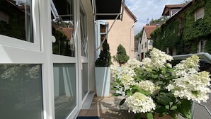 A residential building with a balcony, a potted plant with white flowers, and a metal railing. - Beautiful studio for 2 people in picturesque Homburg am Main (Triefenstein)