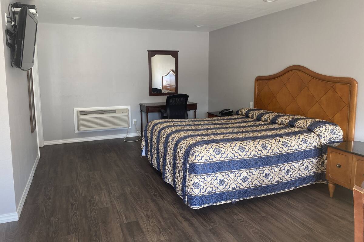 A bedroom with a bed, a desk, a chair, a mirror, and a heater.