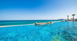 Une piscine d’eau cristalline, bordée d’une plage de sable fin et entourée de palmiers, avec une vue imprenable sur l’océan.