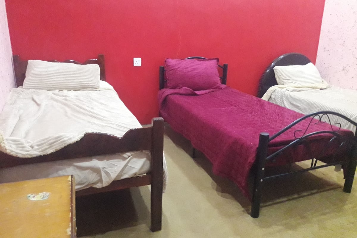 A small, compact room with three single beds against a red wall. Each bed has a different colored bedspread.