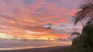 A beach with a sunset and palm trees. - Bamboo Beach House Steps away from secluded beach (Provincia de Puntarenas)