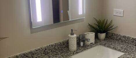 A bathroom with a granite countertop, a white sink, a large mirror with LED lights, a potted plant, and a towel dispenser.